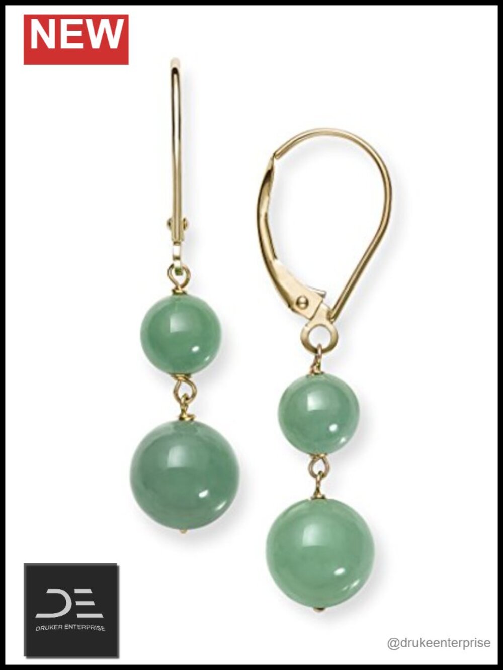 Natural Green Jade Dangle Drop Earrings 14K Yellow Gold Lever Back